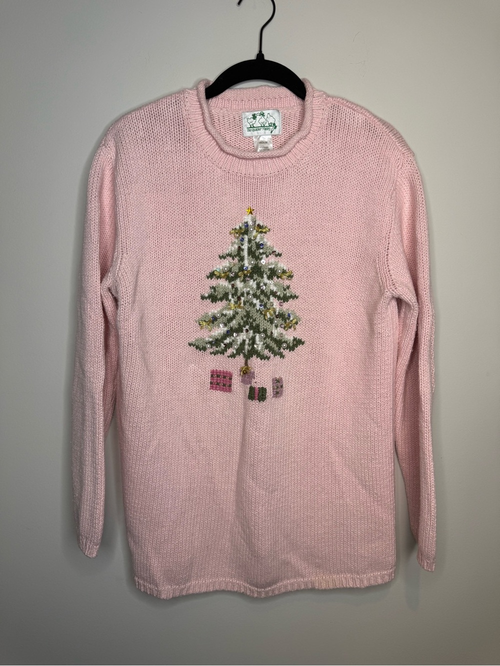 Women's Pink Crewneck Sweater with Embroidered Christmas Tree - VINEYARD VINES